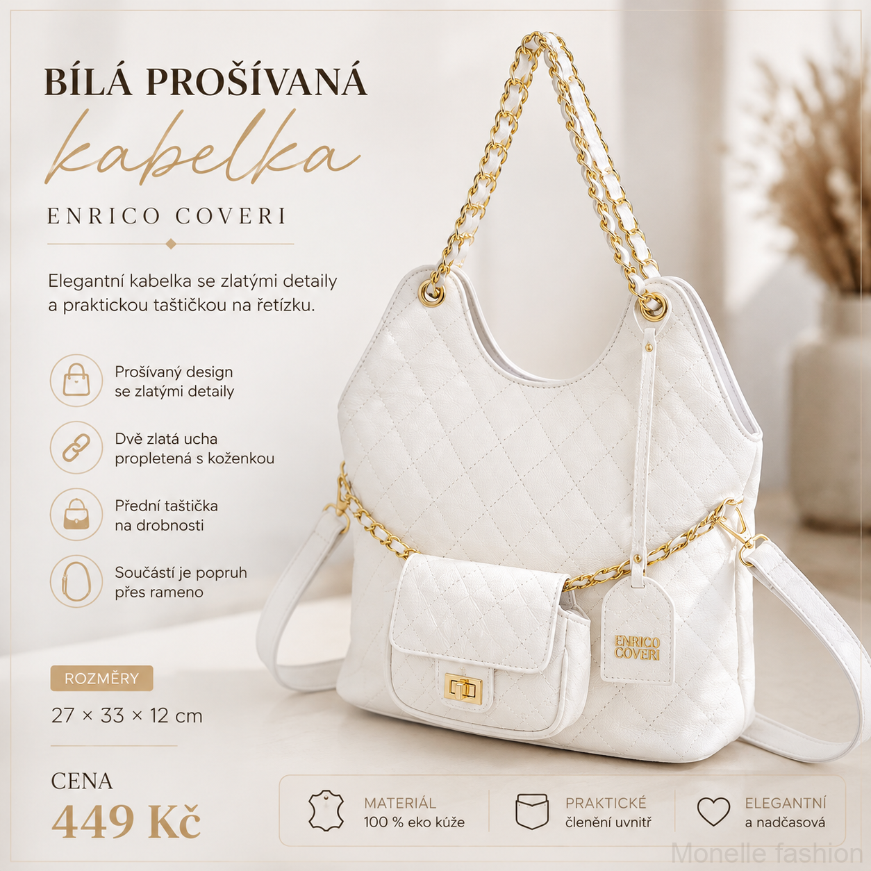 Bílá prošívaná kabelka Enrico Coveri se zlatými detaily