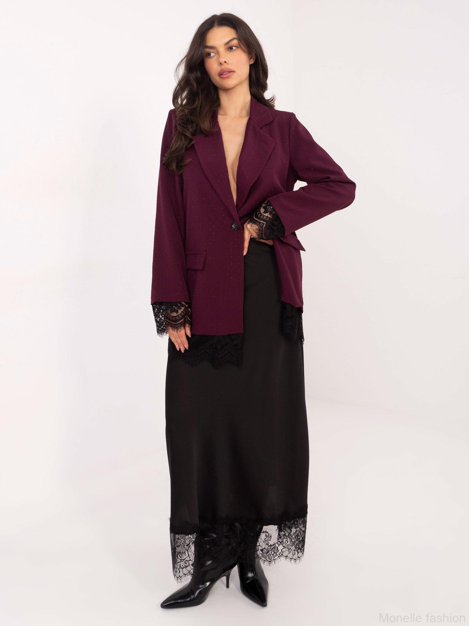 Prodloužené elegantní sako s krajkou a kamínky – hnědé / bordó