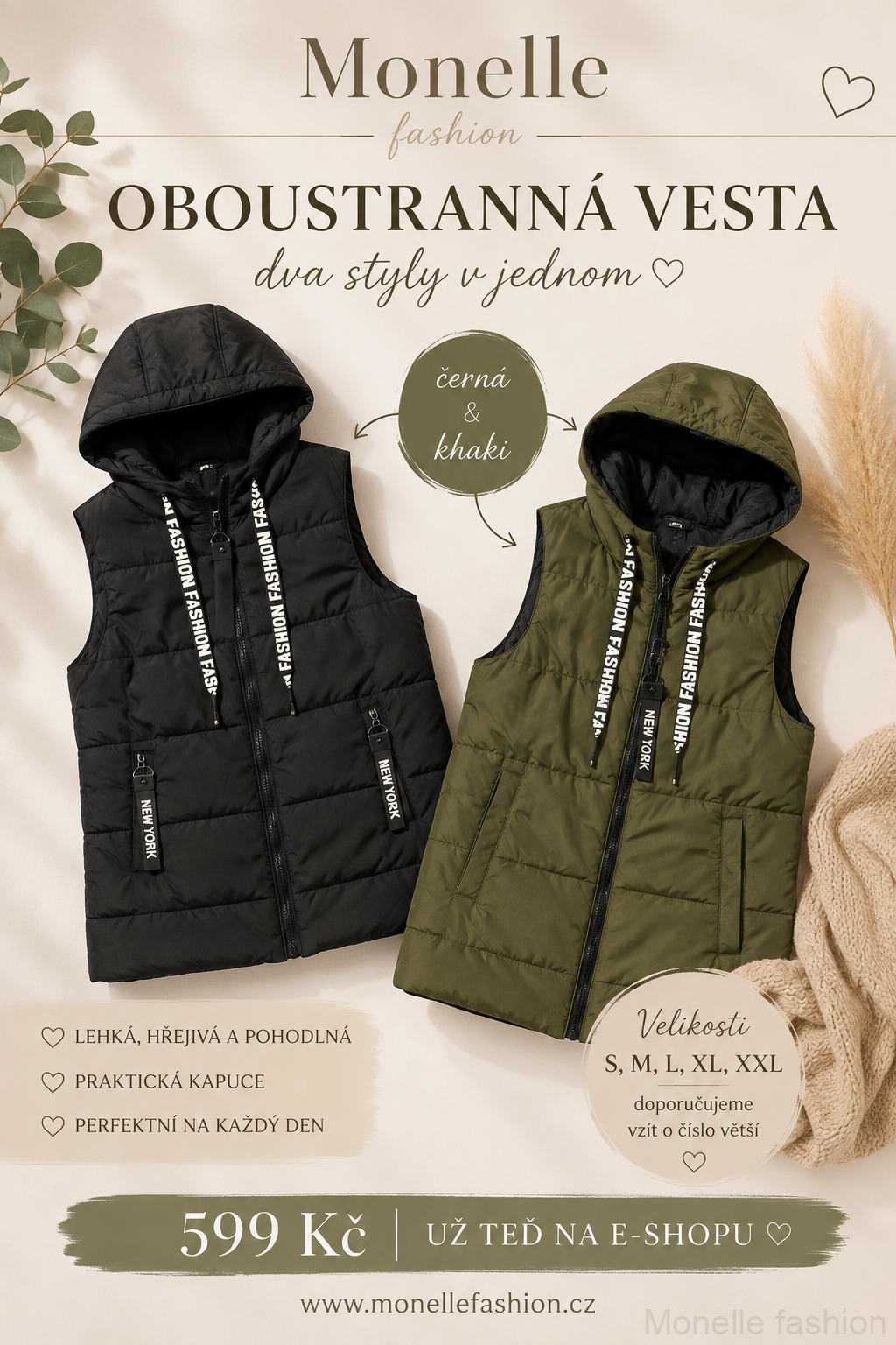Oboustranná dámská vesta 2v1 – černá / khaki