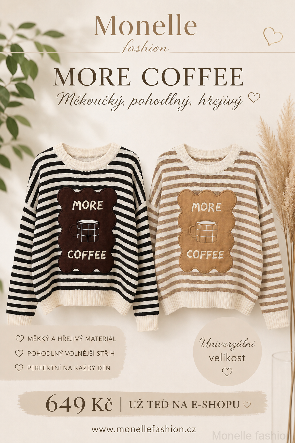 Proužkovaný chlupatý svetr „More Coffee“ – 2 barvy