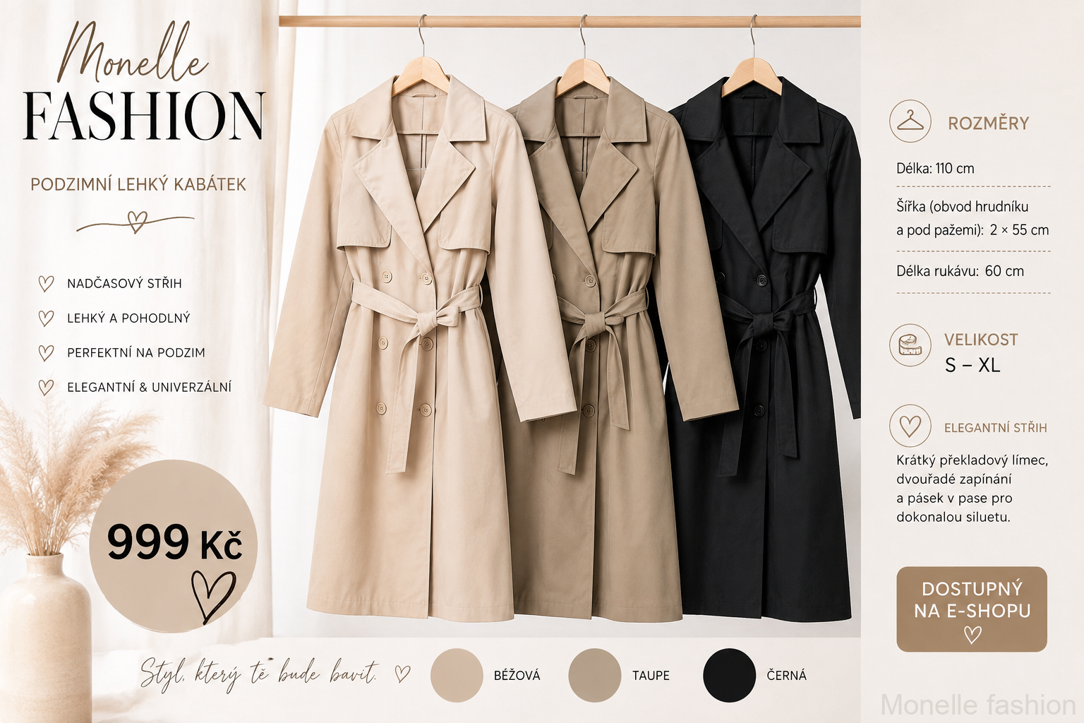 Podzimní kabátek s páskem – UNI (S–XL)
