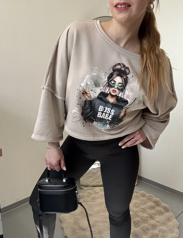 Dámská crop mikina Boss Babe – béžová | 100 % bavlna
