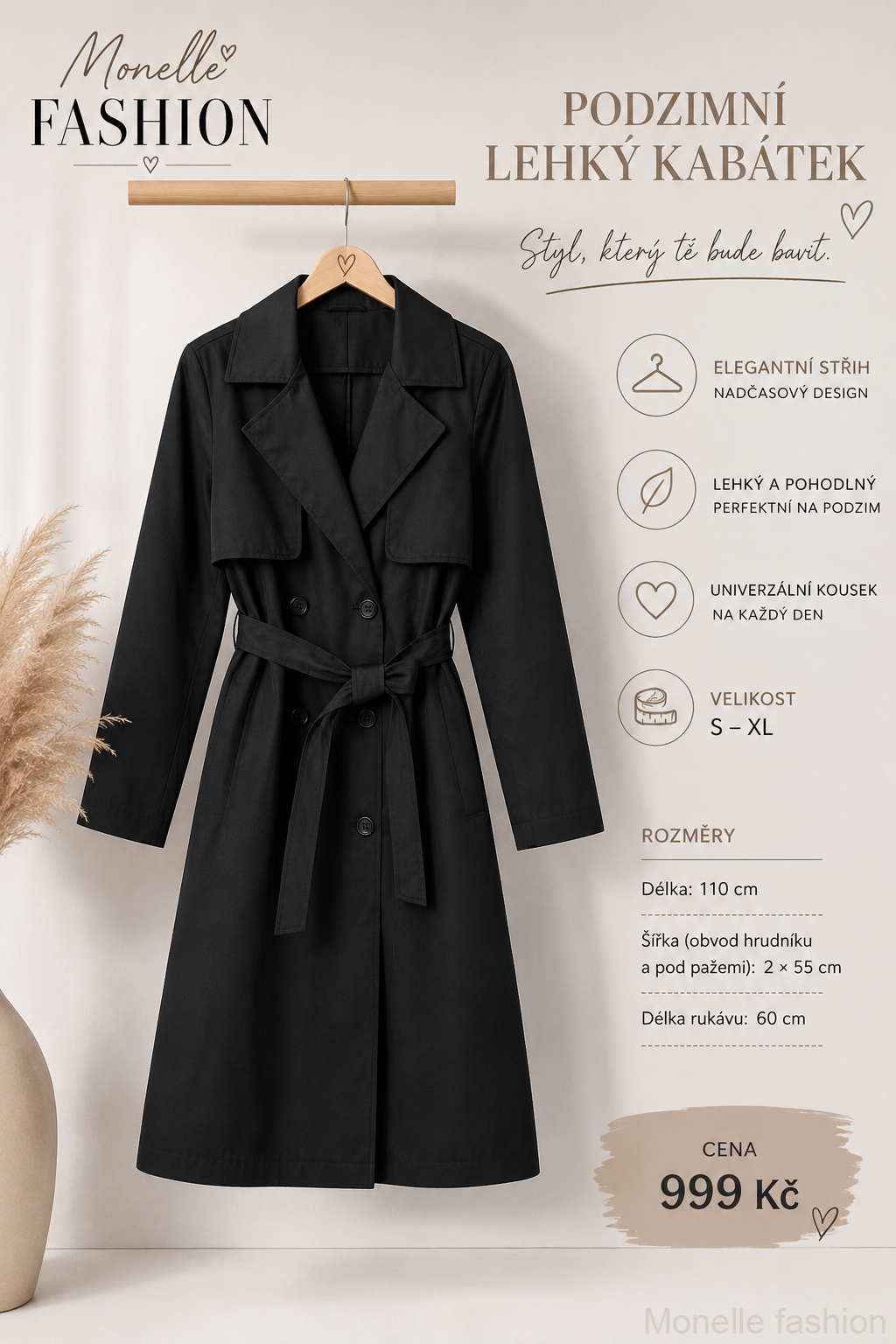 Podzimní kabátek s páskem – UNI (S–XL)