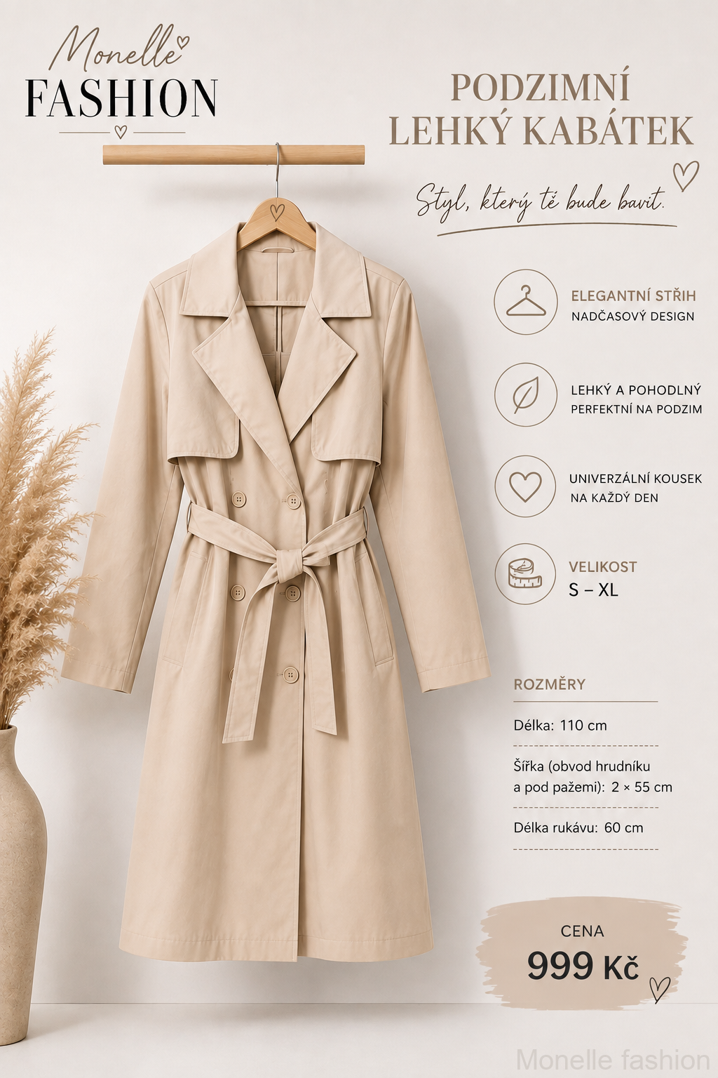 Podzimní kabátek s páskem – UNI (S–XL)