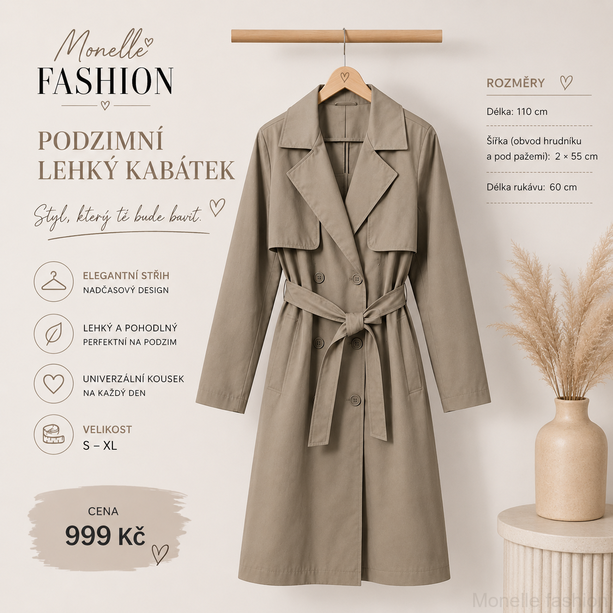 Podzimní kabátek s páskem – UNI (S–XL)