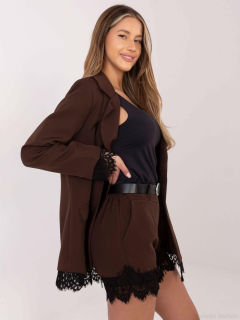 Prodloužené elegantní sako s krajkou a kamínky – hnědé / bordó